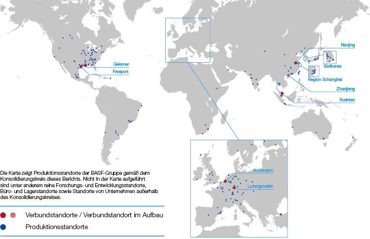 Produktionsstandorte von BASF (Weltkarte)